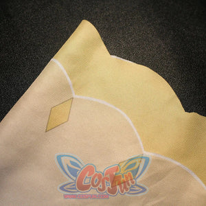 Fabric close-up of Sandrone cosplay costume beige panel with white line pattern and small gold diamond accent