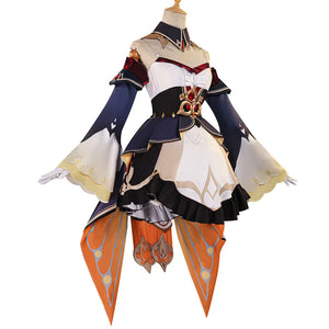 Front full view of Sandrone cosplay costume with navy sleeves, white skirt, red straps, gold accents, and orange panels