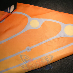 Orange fabric print detail of Sandrone cosplay costume with pale line pattern and round gold accents