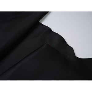 Sapphire cosplay costume layers smooth black uniform cloth with fine woven texture and thin red edge piping trim details.