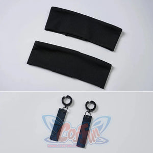 Sapphire cosplay costume frames the face with simple black headbands and coordinates with sleek hanging drop earrings.