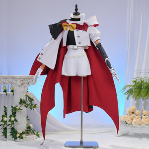 COSFUN Sapphire cosplay costume layers a red capelet over a white jacket and pants with an accented yellow bow detail.