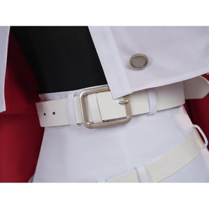Sapphire cosplay costume centers a white waist belt with a metallic buckle over the uniform cloth jacket and pants.