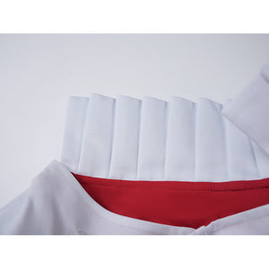 Sapphire cosplay costume layers stiff white fabric pleats along the garment collar to balance the internal red lining.