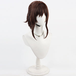 Angled front view of Sciel cosplay wig from Clair Obscur Expedition 33 with brown layered hair and side strands