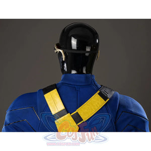 Scott Summers cosplay back harness detail crosses yellow straps below the glasses band and blue collar.
