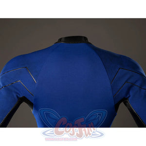 Scott Summers cosplay back shoulder detail outlines blue panels beneath a black collar edge.