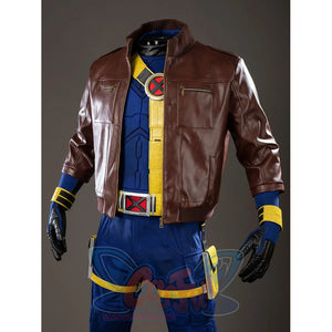 Scott Summers cosplay coat angled view layers glossy brown panels around the front zipper and cropped hem.