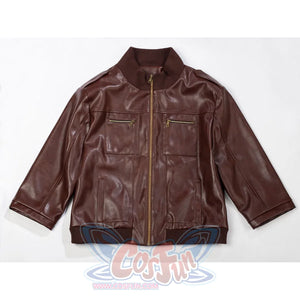 Scott Summers cosplay coat flat lay presents the brown PU leather layer with ribbed collar and hem.