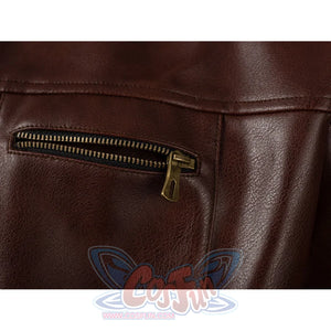 Scott Summers cosplay coat zipper close-up traces metal teeth across textured brown PU leather.
