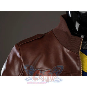 Scott Summers cosplay coat collar detail sets ribbed trim above glossy brown shoulder panels.
