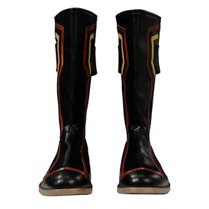 Scott Summers cosplay boots front view with tall black shafts and red-and-yellow knee panels.
