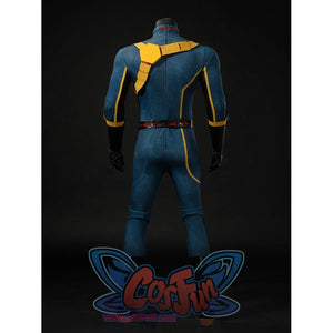 Scott Summers cosplay costume back view with a yellow shoulder harness over the blue-green suit.