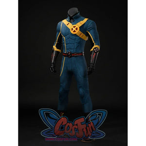 Scott Summers cosplay costume three-quarter view with black wrist guards and a red-accented belt.