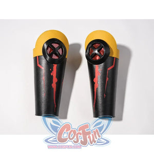 Scott Summers cosplay forearm guards flat lay with yellow cuffs above black panels with red markings.