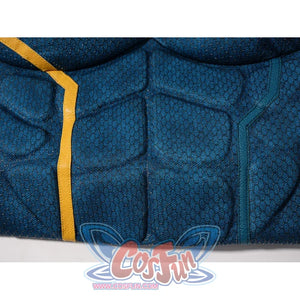 Scott Summers cosplay torso detail with raised blue-green panels bordered by yellow piping.
