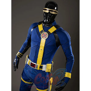 Scott Summers cosplay costume angled torso view frames the blue chest with yellow harness straps and belt.