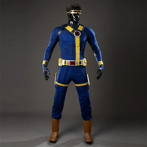 COSFUN Scott Summers cosplay costume front view layers a blue jumpsuit beneath yellow harness straps and belt.