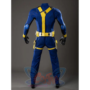 Scott Summers cosplay jumpsuit back view crosses yellow straps over blue shoulder panels and a utility belt.