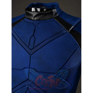 Scott Summers cosplay neckline detail sets black collar trim above angular blue chest seams.
