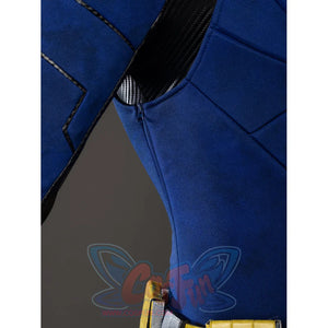 Scott Summers cosplay torso side detail sets black ribbed trim between raised blue fabric panels.