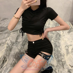 Sexy Look Slim Bar Disco Hot Pants Side Laced Up T-Shirt Summer Cool Girl Set