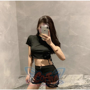 Sexy Look Slim Bar Disco Hot Pants Side Laced Up T-Shirt Summer Cool Girl Set