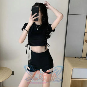 Sexy Look Slim Bar Disco Hot Pants Side Laced Up T-Shirt Summer Cool Girl Set