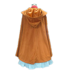 Holly cosplay dress orange hooded cape back view costume detail