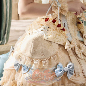 Detail view of the Pannier Hip Pads item with padded side volume, cherry accents, lace ruffles, and bows