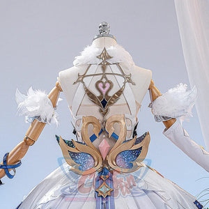 Genshin Impact Snezhnaya Odette cosplay costume back detail anchors feathered sleeves around swan-shaped trim.