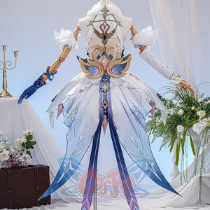 Genshin Impact Snezhnaya Odette cosplay costume back view spreads wing-like skirt tails below gold-tone trim.
