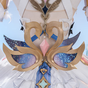 Genshin Impact Snezhnaya Odette cosplay costume back detail around swan-shaped trim.
