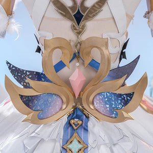 Genshin Impact Snezhnaya Odette cosplay costume back detail around swan-shaped trim.
