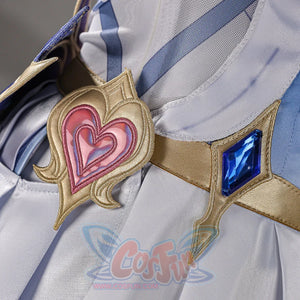 Genshin Impact Snezhnaya Odette cosplay heart ornament close-up pairs a pink center beside a blue waist accent.