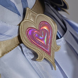 Genshin Impact Snezhnaya Odette cosplay heart waist ornament glows in pink tones within raised gold-tone trim.