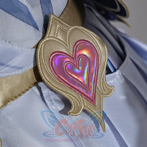Genshin Impact Snezhnaya Odette cosplay heart waist ornament glows in pink tones within raised gold-tone trim.