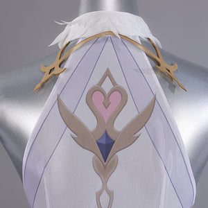 Genshin Impact Snezhnaya Odette cosplay back collar detail sets white feather-like layers above a pink motif.
