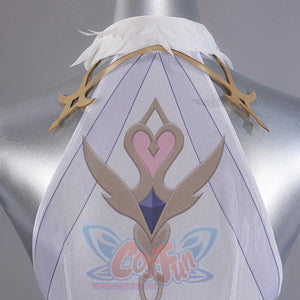 Genshin Impact Snezhnaya Odette cosplay back collar detail sets white feather-like layers above a pink motif.