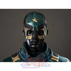 The Boys Soldier Boy cosplay helmet close-up sets a star crest over black eye plates and a dark scarf.