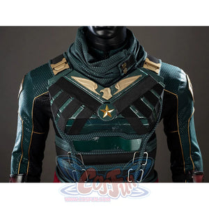 The Boys Soldier Boy cosplay chest vest layers green armor plates over black panels beneath the scarf.