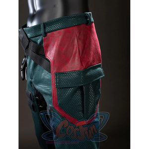 The Boys Soldier Boy cosplay knife holder side detail layers burgundy faux leather over green fabric.