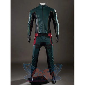 The Boys Soldier Boy cosplay top and pants front view sets gold-tone piping against dark green panels.