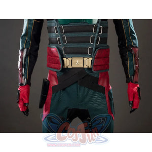 The Boys Soldier Boy cosplay waist detail sets burgundy side panels beside a star belt and red gloves.