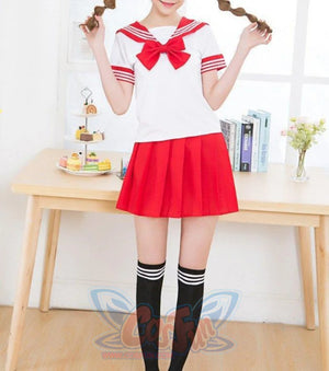 Solid Beautiful Sailor Stripe Top Pleated Skirt School Uniforms Red / S Uniform