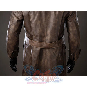Spider-Noir Ben Reilly cosplay coat back view cinches the brown trench under a matching belt.