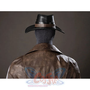 Spider-Noir Ben Reilly cosplay trench coat back detail frames the collar below a black hat.