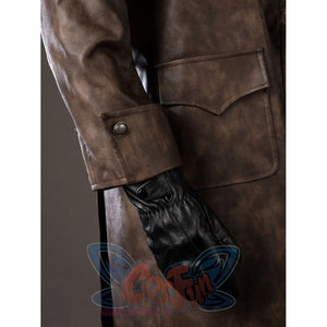 Spider-Noir Ben Reilly cosplay coat cuff detail sets a brown sleeve above a glossy black glove.