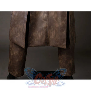 Spider-Noir Ben Reilly cosplay coat hem detail falls over brown cropped pants and black inner lining.