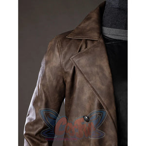 Spider-Noir Ben Reilly cosplay trench coat lapel detail layers brown panels around a dark button.